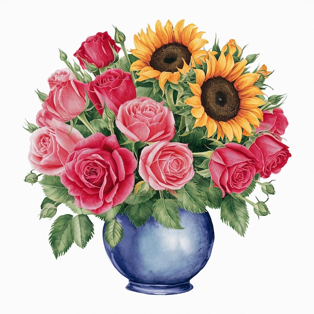 a painting of a vase with roses and sunflowers and leaves