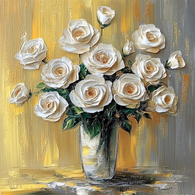 a painting of a vase with white roses