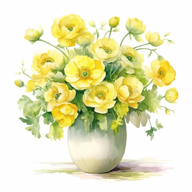 A painting of a vase of yellow flowers with green leaves and green leaves.