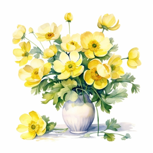 A painting of a vase of yellow flowers with green leaves.