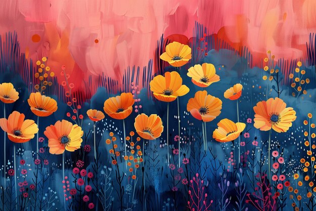 A painting of vibrant orange flowers set against a backdrop of contrasting blue and pink colors