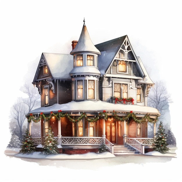 painting of a victorian house with a christmas tree and garlands generative ai