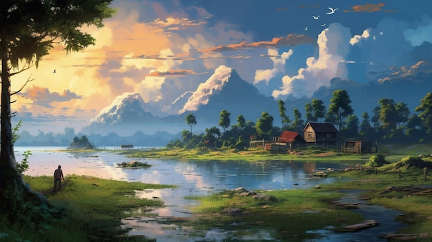 A painting of a village by the lake with mountains in the background.