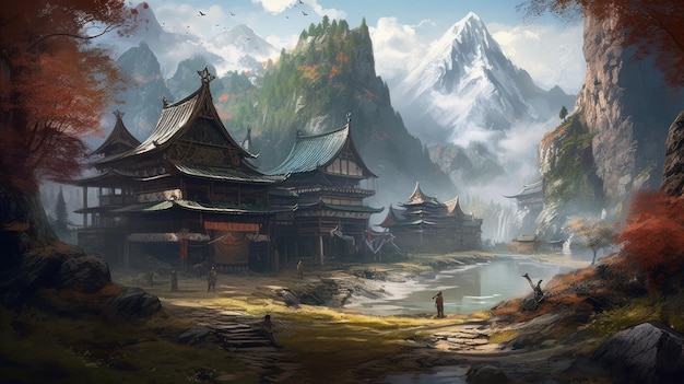 A painting of a village in the mountains