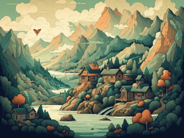 A painting of a village in the mountains