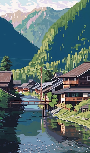 A painting of a village in the mountains