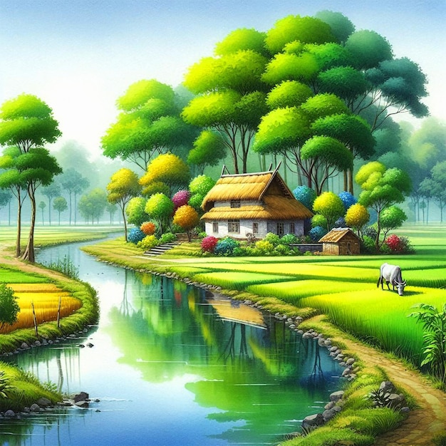 Painting of a village scene with river and trees