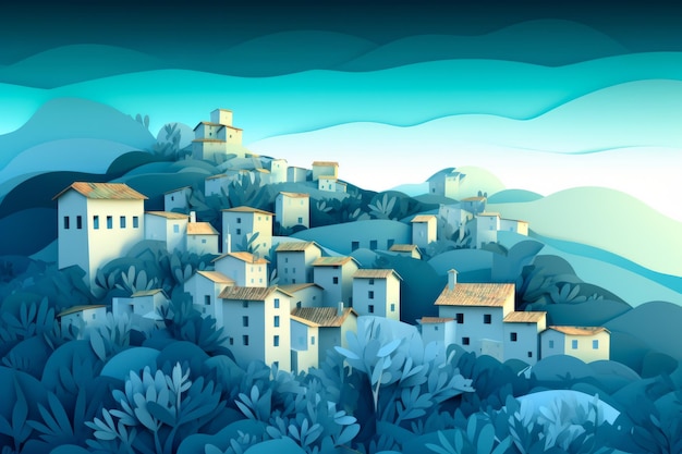 A painting of a village with blue and white houses on the top.