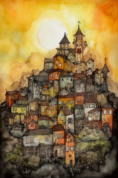 A painting of a village with a clock tower AI generative image