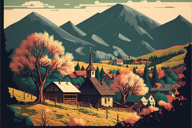 A painting of a village with mountains in the background.