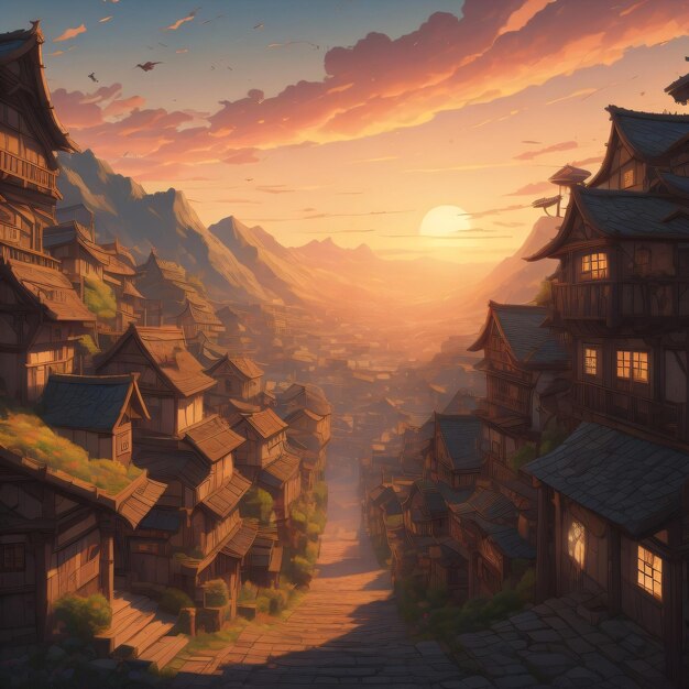 A painting of a village with a sunset in the background.