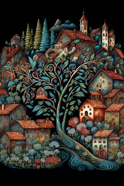 Painting of a village with a tree in the middle generative ai