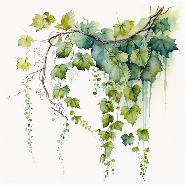 Painting of a vine with green leaves and green berries on a white background generative ai