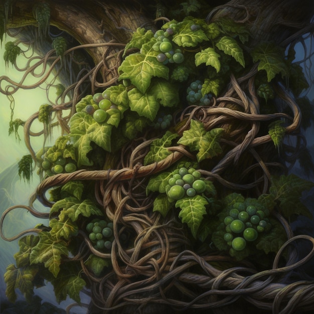 A painting of vines and vines that are growing on a tree.