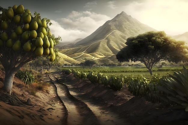 A painting of a vineyard with a mountain in the background.