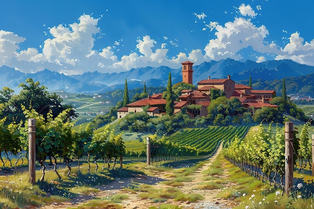 Photo a painting of a vineyard with a red house in the background