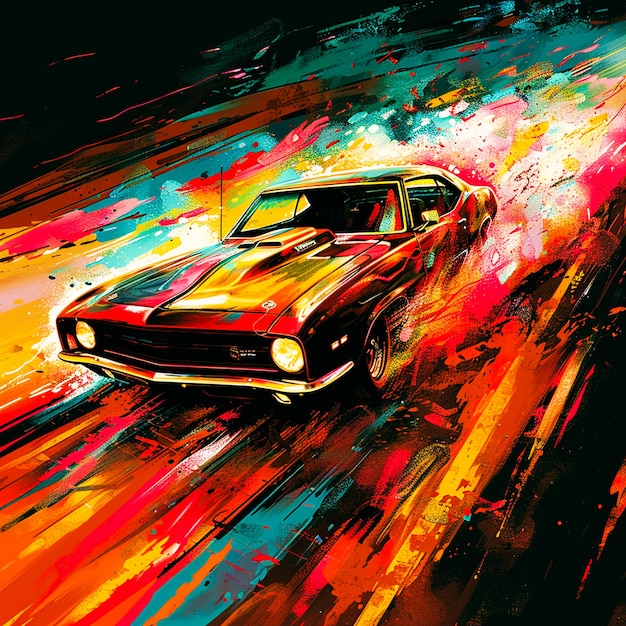 a painting of a vintage car design graphic for tshirts