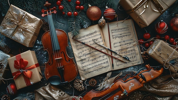 a painting of a violin and a violin with a christmas tree in the background