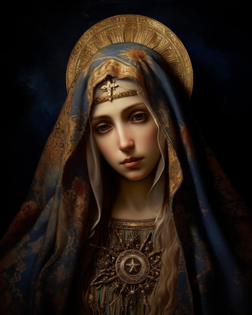 A painting of a virgin mary with dark background