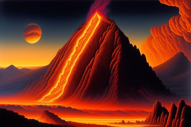 A painting of a volcano with a planet and the sun behind it