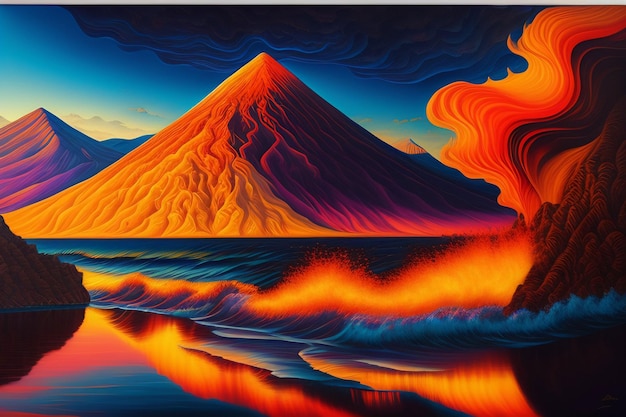 A painting of volcano with the sun shining on it