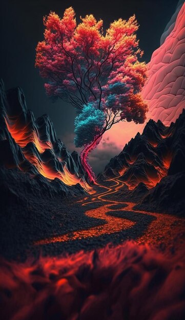 A painting of a volcano with a tree on it