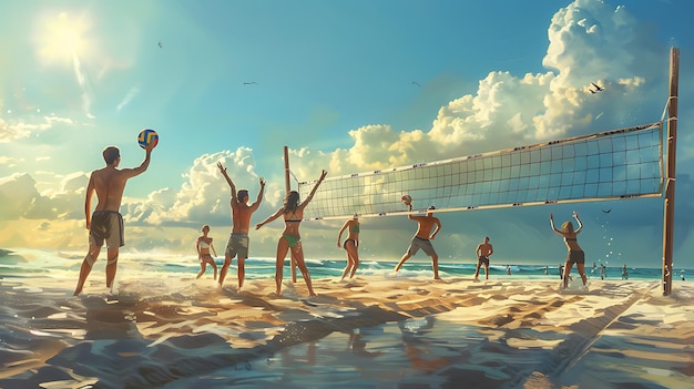 Photo a painting of a volleyball game called volleyball