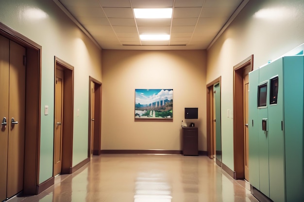 A painting on the wall of a corridor in a hospital.