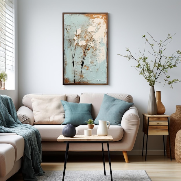 Painting on the wall framed in Scandinavian style light blue khaki