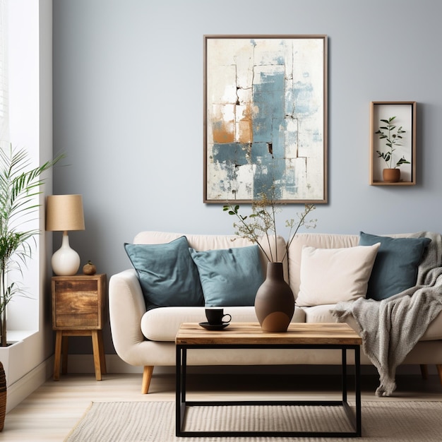 Painting on the wall framed in Scandinavian style light blue khaki