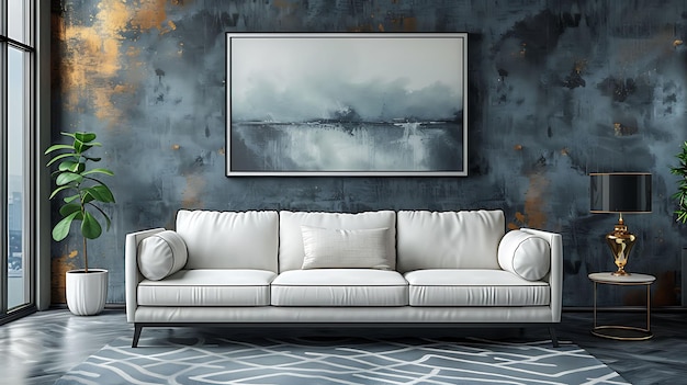 a painting on a wall with a picture frame hanging above a couch