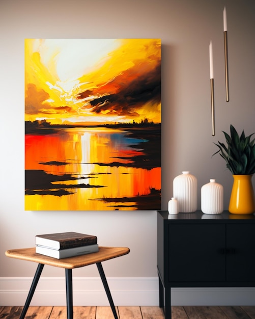 A painting on a wall with a yellow sky and a black table with a book on it.