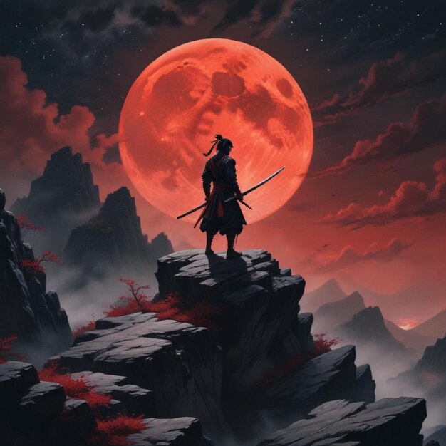 Photo a painting of a warrior standing on a cliff with a red moon in the background