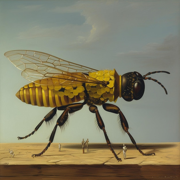 A painting of a wasp with a blue background and a few tiny people in the background.