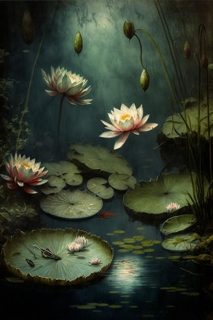 Painting of water lilies in a pond generative ai