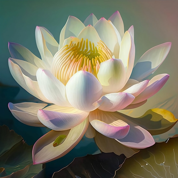 A painting of a water lily with a yellow center.