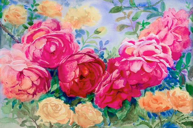 Painting watercolor flowers landscape pink yellow color of roses.