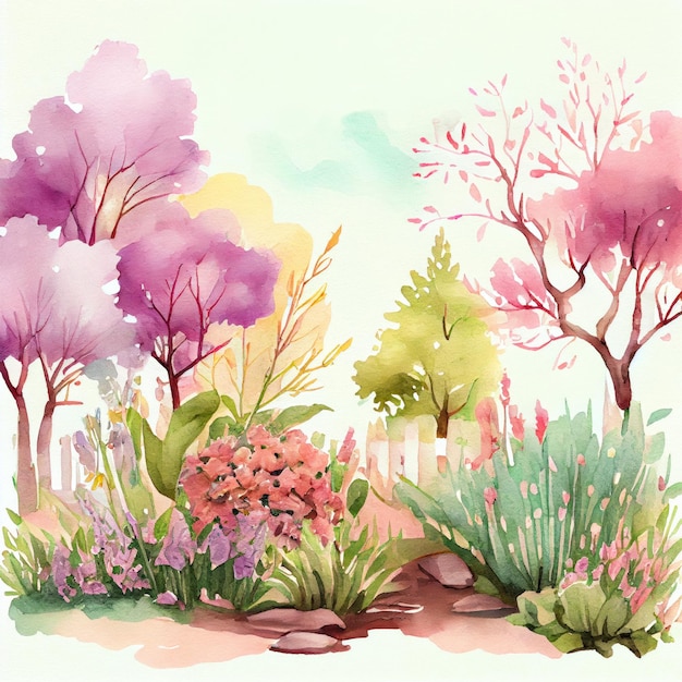 Painting watercolor landscape beautiful spring nature background