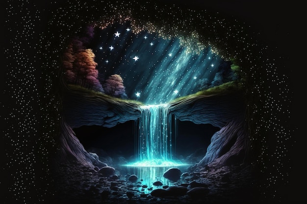 Painting of a waterfall coming out of a cave generative ai