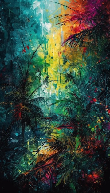 A painting of a waterfall in a forest with trees and plants generative ai