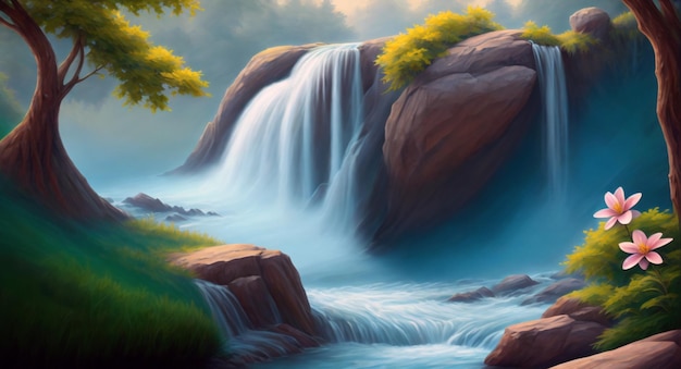 A painting of a waterfall in the forest