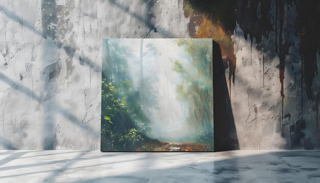 a painting of a waterfall is on display in front of a gray wall