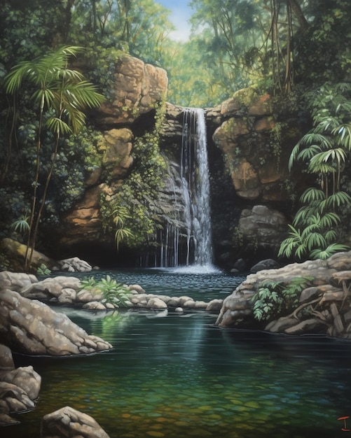 A painting of a waterfall in the jungle