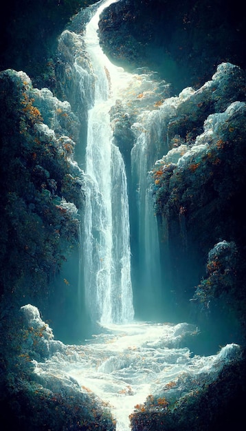 Painting of a waterfall in the middle of a forest generative ai