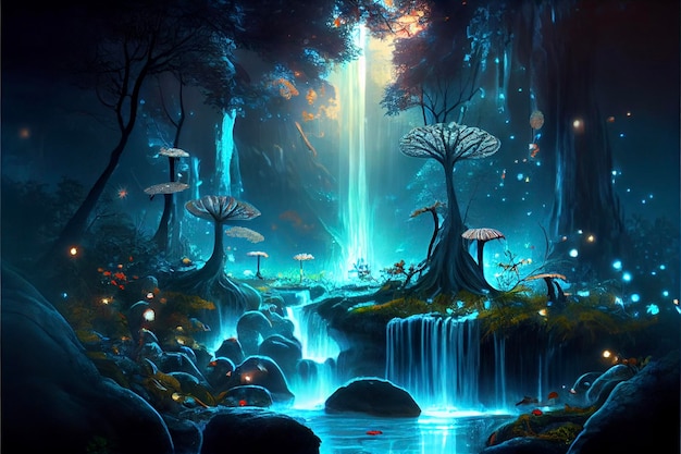 Painting of a waterfall in the middle of a forest generative ai