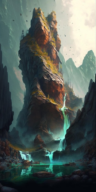 Painting of a waterfall in mountain landscape generative ai