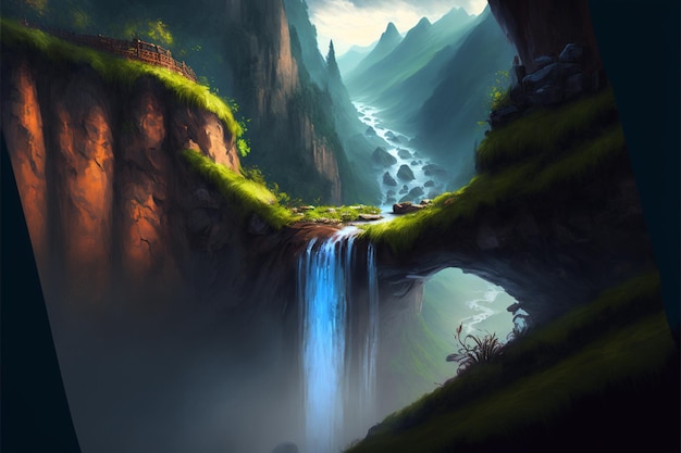 Painting of a waterfall in the mountains with foreground generative ai