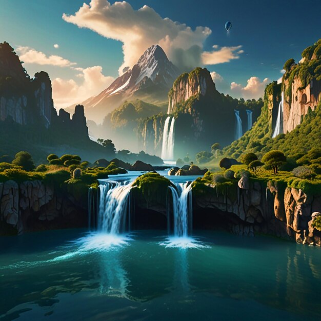 a painting of a waterfall and mountains with a mountain in the background