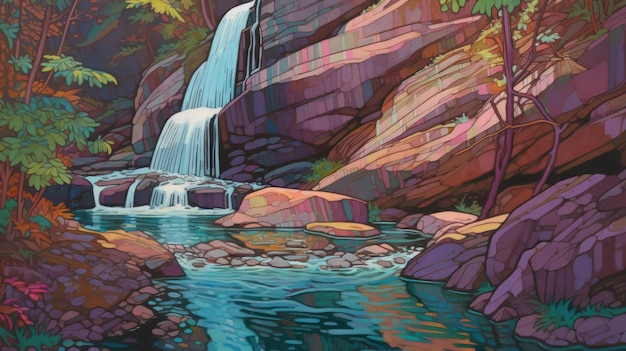 A painting of a waterfall in the mountains