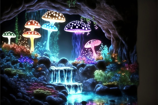 Painting of a waterfall and mushrooms in a forest generative ai